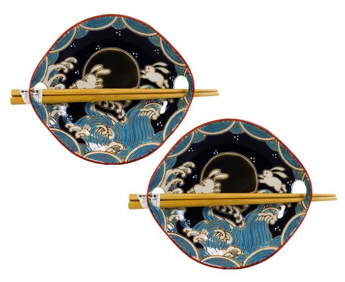 ebros gift Pack Of 2 Rabbits By Black Moon Appetizer Coupe Plate Flat Bowl With Chopsticks