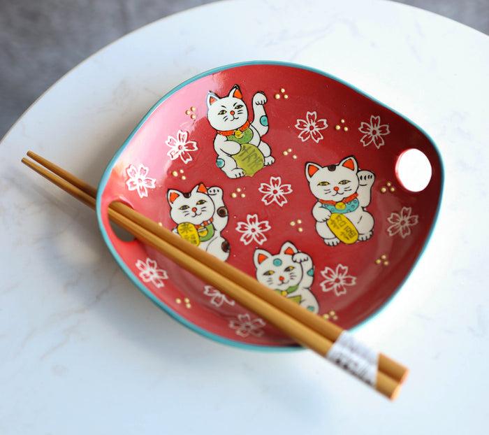 Ebros Gift Pack Of 2 Red Maneki Neko Lucky Cats Appetizer Coupe Plates With Chopsticks Set