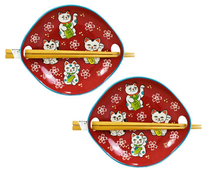 ebros gift Pack Of 2 Red Maneki Neko Lucky Cats Appetizer Coupe Plates With Chopsticks Set