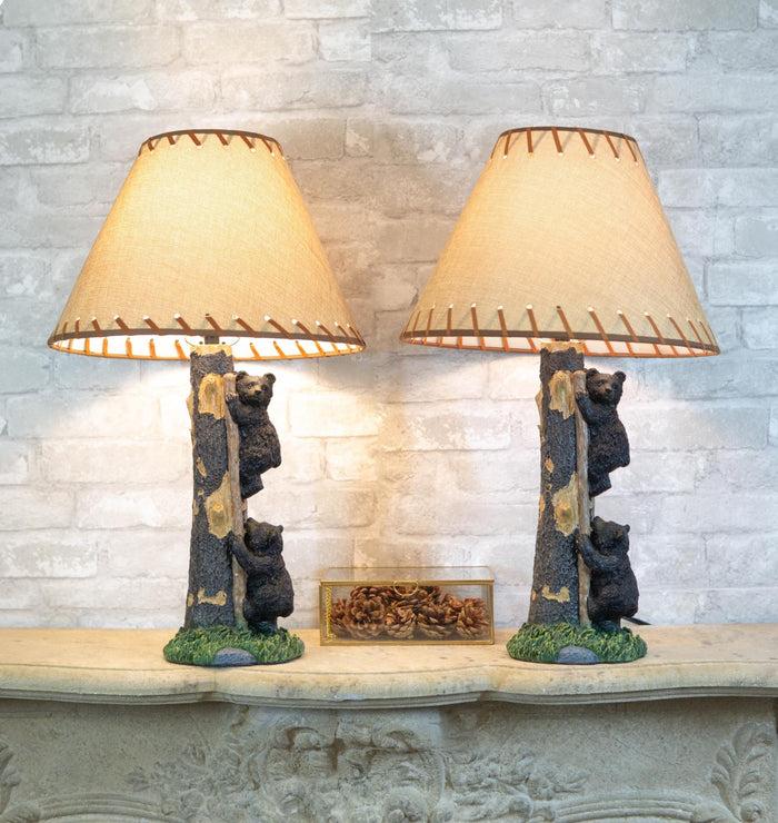 ebros gift Pack Of 2 Rustic Black Bear Cubs Climbing Tree Ladder Table Lamp With Shade