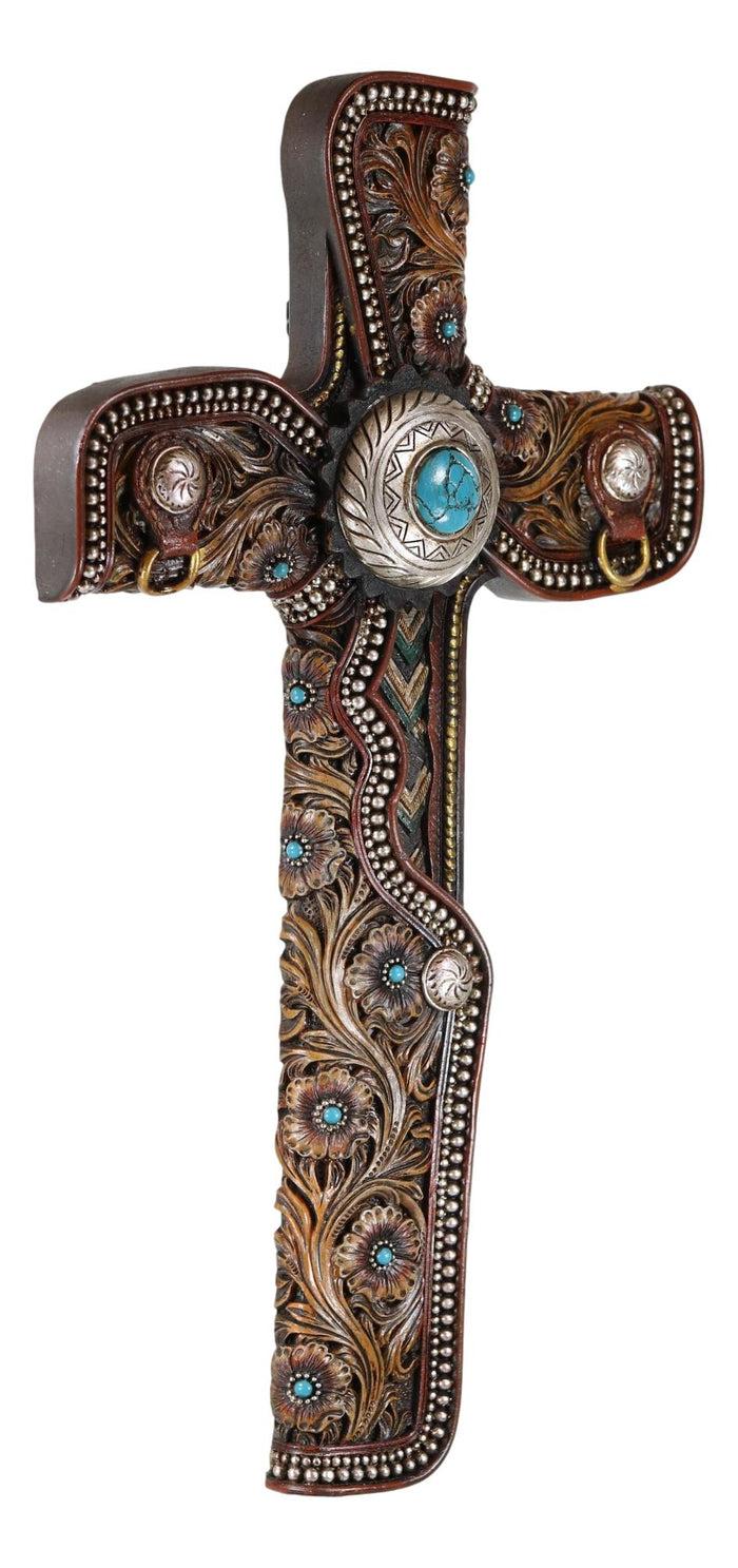 Ebros Gift Pack Of 2 Rustic Western Floral Scroll Conchos Faux Tolled Leather Wall Crosses