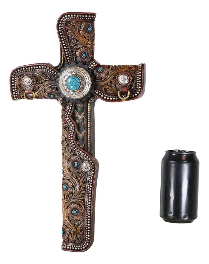 Ebros Gift Pack Of 2 Rustic Western Floral Scroll Conchos Faux Tolled Leather Wall Crosses