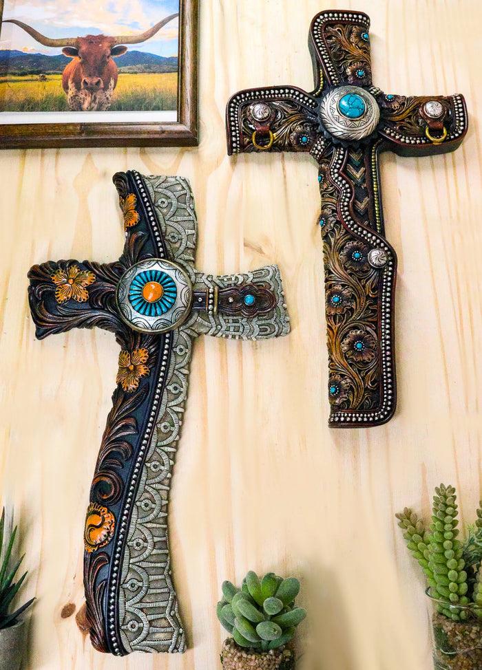 ebros gift Pack Of 2 Rustic Western Floral Scroll Conchos Faux Tolled Leather Wall Crosses
