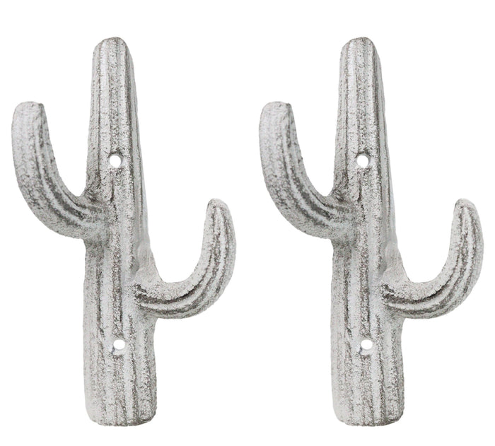 ebros gift Pack of 2 Rustic Western Off White Metal Desert Saguaro Cactus 2-Pegs Wall Hooks
