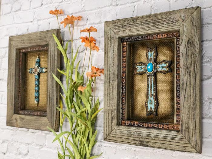 Ebros Gift Pack Of 2 Rustic Western Turquoise Gems Cross 3D Art Wood Framed Wall Decors