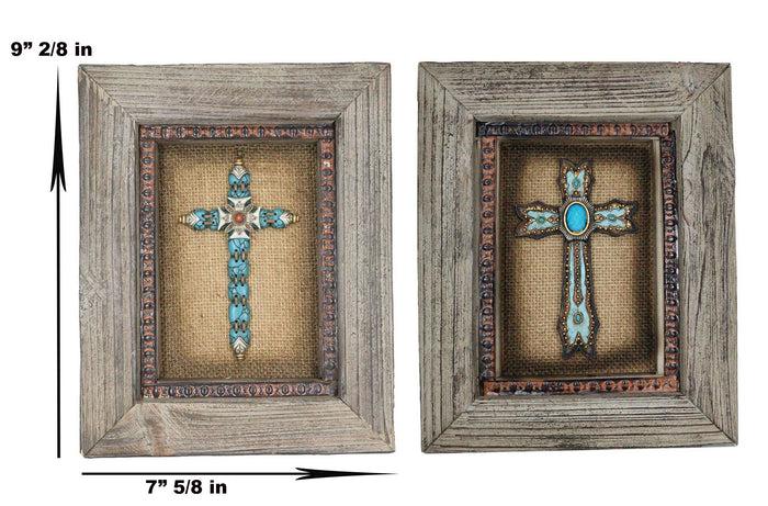 Ebros Gift Pack Of 2 Rustic Western Turquoise Gems Cross 3D Art Wood Framed Wall Decors