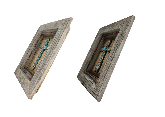 Ebros Gift Pack Of 2 Rustic Western Turquoise Gems Cross 3D Art Wood Framed Wall Decors