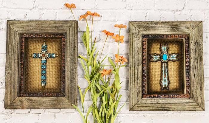 ebros gift Pack of 2 Rustic Western Turquoise Gems Cross 3D Art Wood Framed Wall Decors