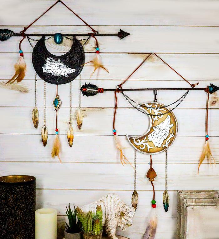 ebros gift Pack Of 2 Southwestern Boho Chic Wolf Arrow Dreamcatcher Feathers Wall Decors