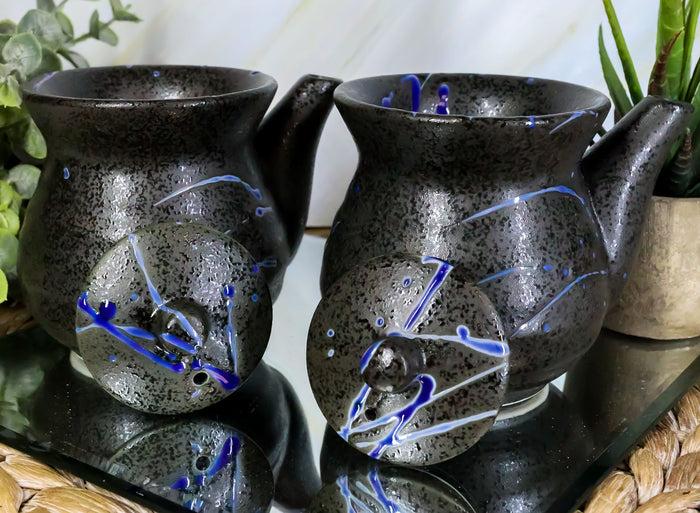 ebros gift Pack of 2 Speckled Black Blue Japanese Tenmoku Porcelain Soy Sauce Dispensers