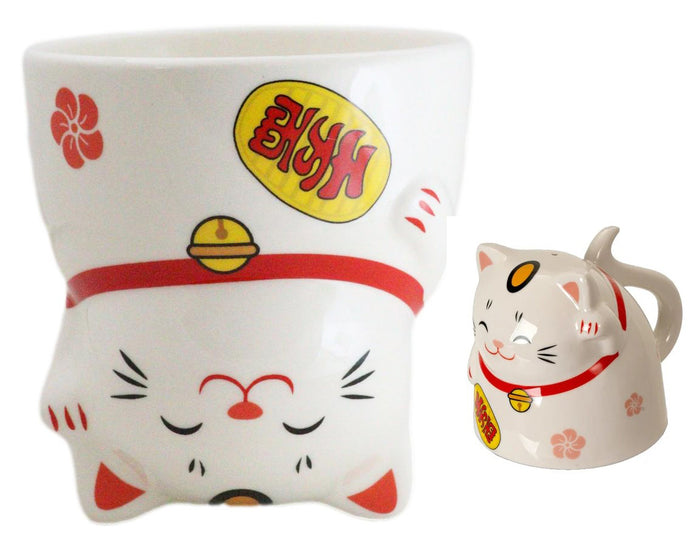 ebros gift Pack Of 2 Topsy Turvy Lucky Cat Maneki Neko Ceramic Coffee Mug Cups With Handle