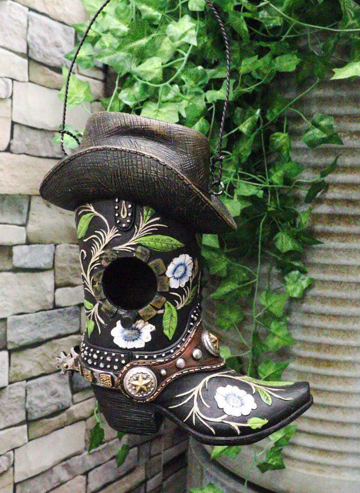 Ebros Gift Pack Of 2 Western Red And Black Floral Cowboy Boots Birdhouse Bird Feeder Hanger