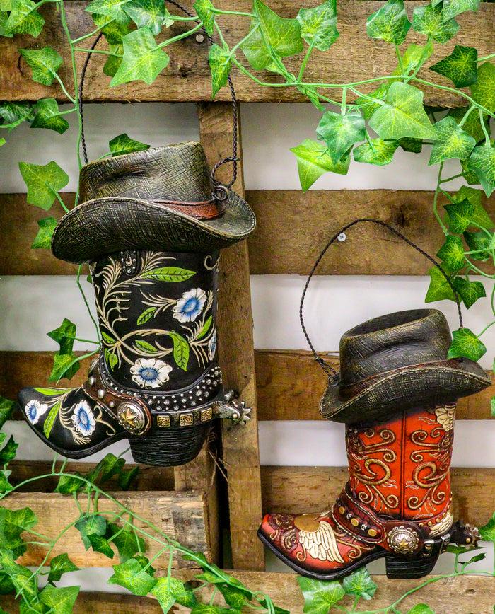 ebros gift Pack Of 2 Western Red And Black Floral Cowboy Boots Birdhouse Bird Feeder Hanger