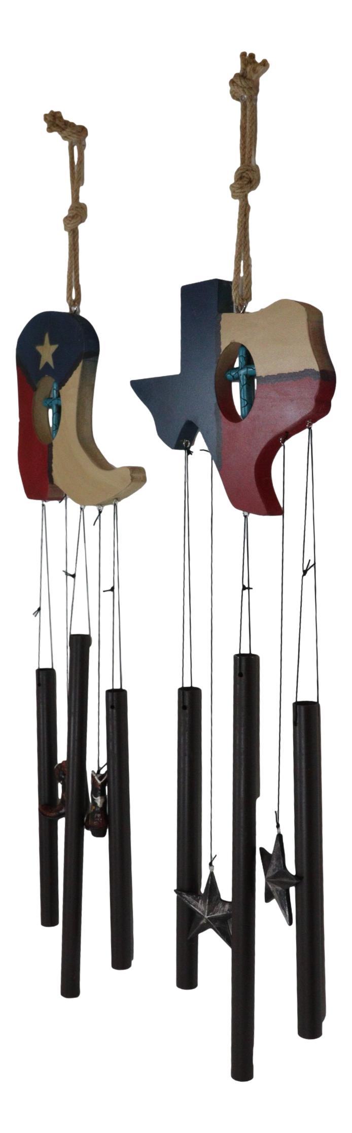 Ebros Gift Pack Of 2 Western Star Texas State Flag Cowboy Boot Turquoise Cross Wind Chimes