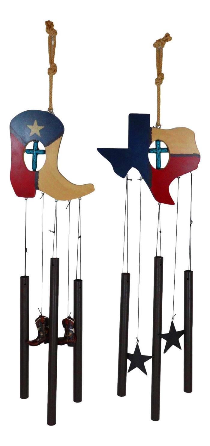 Ebros Gift Pack Of 2 Western Star Texas State Flag Cowboy Boot Turquoise Cross Wind Chimes