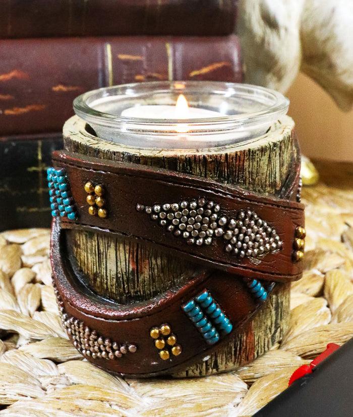 ebros gift Pack Of 2 Western Turquoise Belt Buckle On Faux Wood Trunk Votive Candle Holders