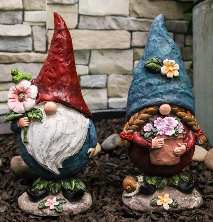 ebros gift Pack Of 2 Whimsical Garden Mr And Mrs Gnome Couple Holding Flowers Figurines