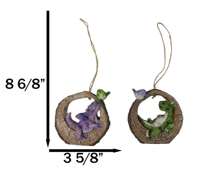 Ebros Gift Pack Of 2 Whimsical Green Purple Dragons With Birds In Tree Ring Decor Ornaments