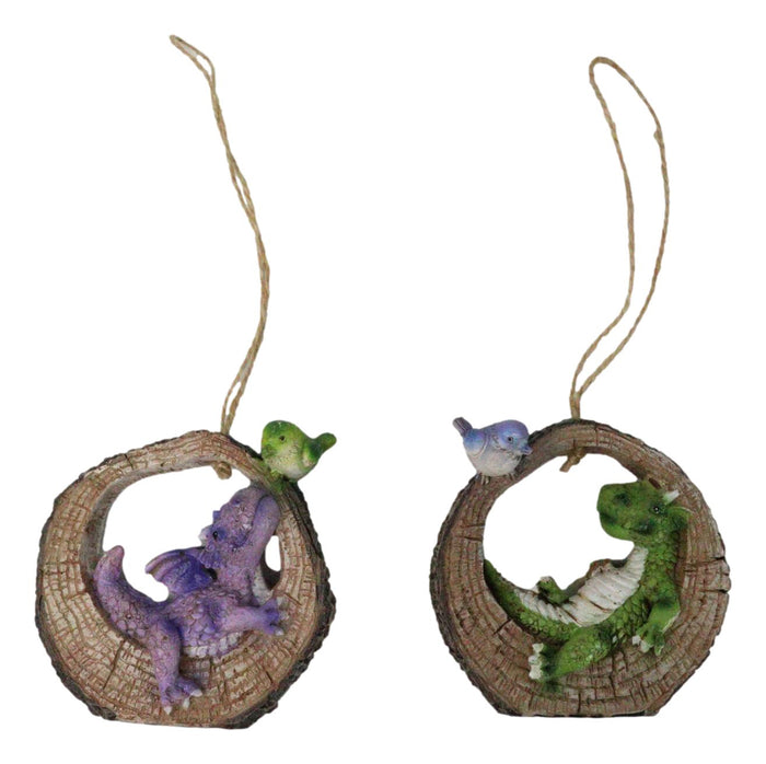 ebros gift Pack of 2 Whimsical Green Purple Dragons With Birds In Tree Ring Decor Ornaments
