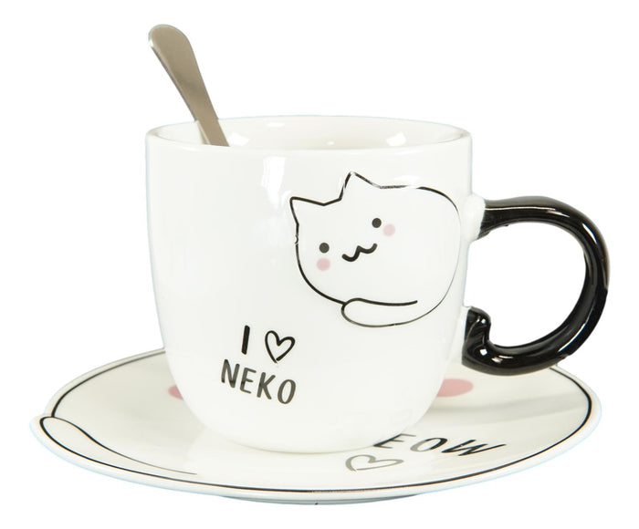 Ebros Gift Pack Of 2 White Blushed Maneki Neko Cat Mugs 8oz With Saucer And Notched Spoon