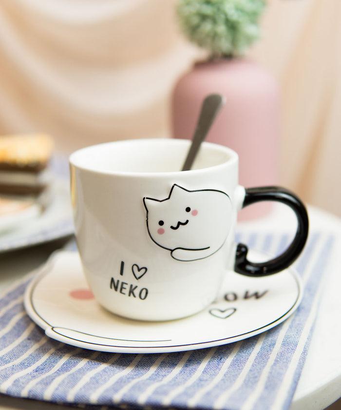 ebros gift Pack Of 2 White Blushed Maneki Neko Cat Mugs 8oz With Saucer And Notched Spoon