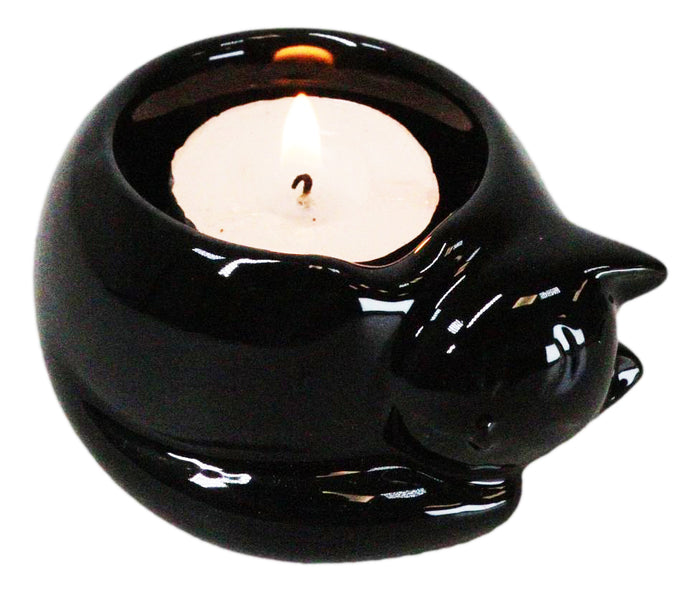 ebros gift Pack Of 2 Wicca Ceramic Sleeping Black Feline Cat Tea Light Votive Candleholder