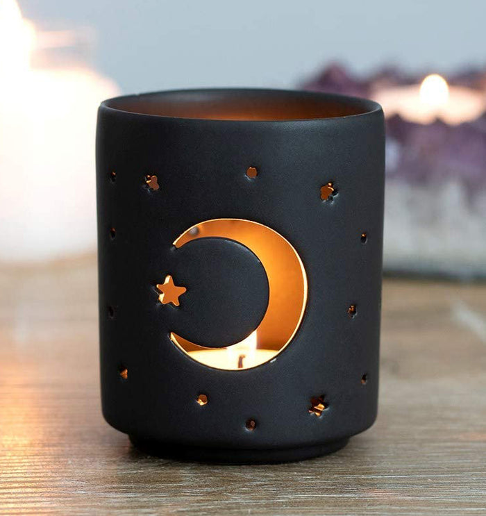ebros gift Pack Of 2 Wicca Mystical Moon And Stars Cutout Ceramic Votive Candle Holders