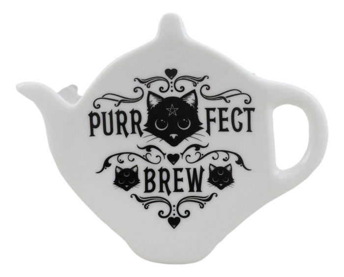 Ebros Gift Pack Of 2 Wicca Purrfect Brew Cat Porcelain Tea Spoon Or Bag Rest Petite Plate