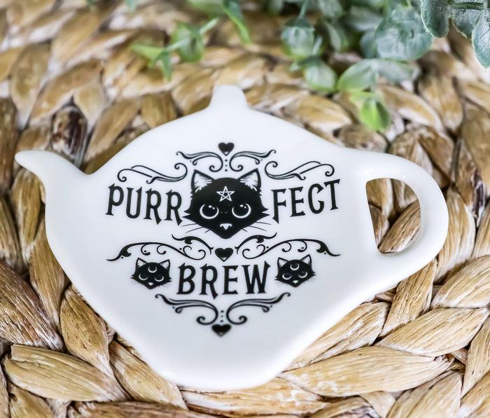 ebros gift Pack Of 2 Wicca Purrfect Brew Cat Porcelain Tea Spoon Or Bag Rest Petite Plate