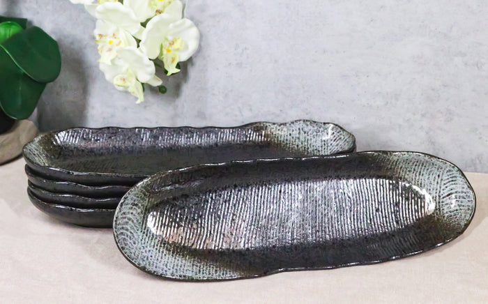 ebros gift Pack Of 3 Charcoal Grey Tone Hakumu Wavy Oblong Long Serving Platter 13.25"L