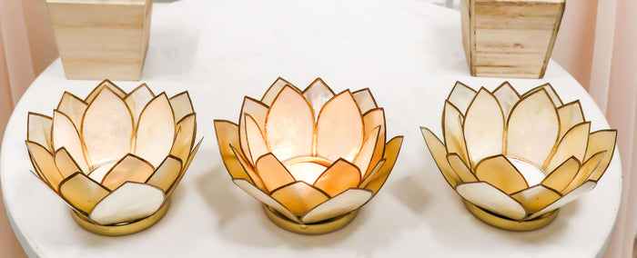 ebros gift Pack Of 3 Seashells Lotus Flower Yellow Gold Votive Tea Light Candle Holders