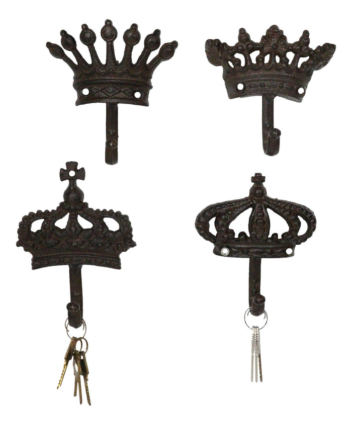 ebros gift Pack Of 4 Cast Iron Medieval Royalty King and Queen Crowns Wall Coat Hooks