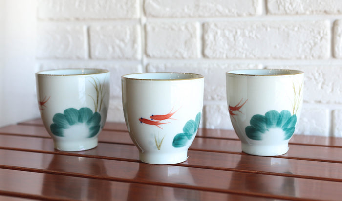 ebros gift Pack Of 4 Feng Shui Zen Lily Pond With Koi Fishes Pair Ceramic Tea Cups Teacups