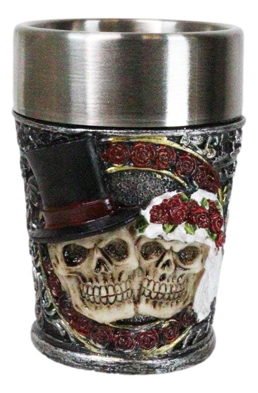 ebros gift Pack of 4 Gothic Love Never Dies Skeleton Bride And Groom Shooter Shot Glasses