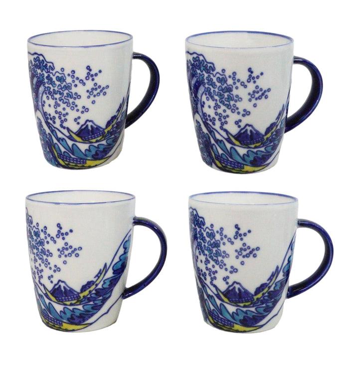 ebros gift Pack Of 4 Japanese Hokusai Great Wave Mount Fuji Ceramic Mug Cups 12oz