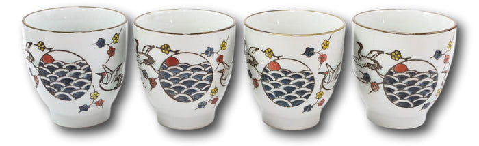 Ebros Gift Pack Of 4 Japanese Sakura Cherry Blossom White Crane Ceramic Tea Cups Teacups