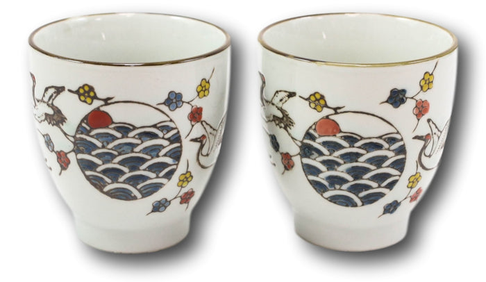 Ebros Gift Pack Of 4 Japanese Sakura Cherry Blossom White Crane Ceramic Tea Cups Teacups