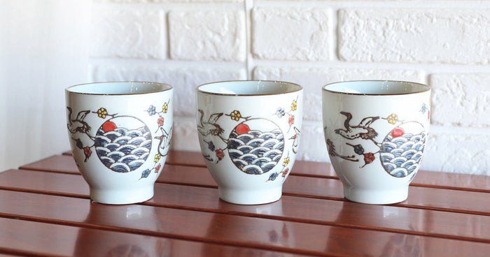 ebros gift Pack Of 4 Japanese Sakura Cherry Blossom White Crane Ceramic Tea Cups Teacups