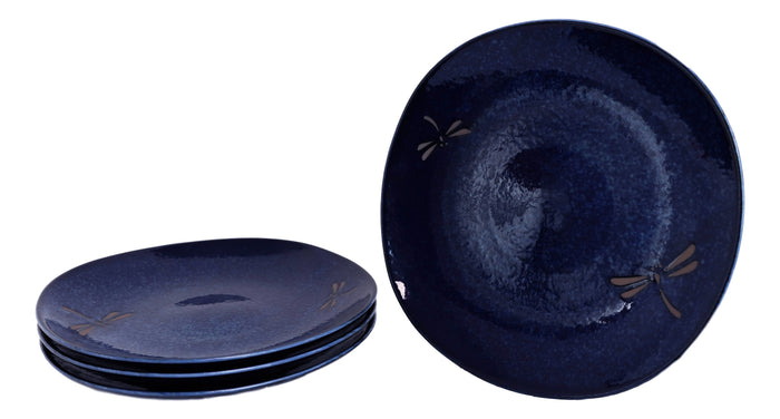 Ebros Gift Pack Of 4 Made In Japan Blue Tombo Dragonfly 10" Main Course Large Dinner Plates