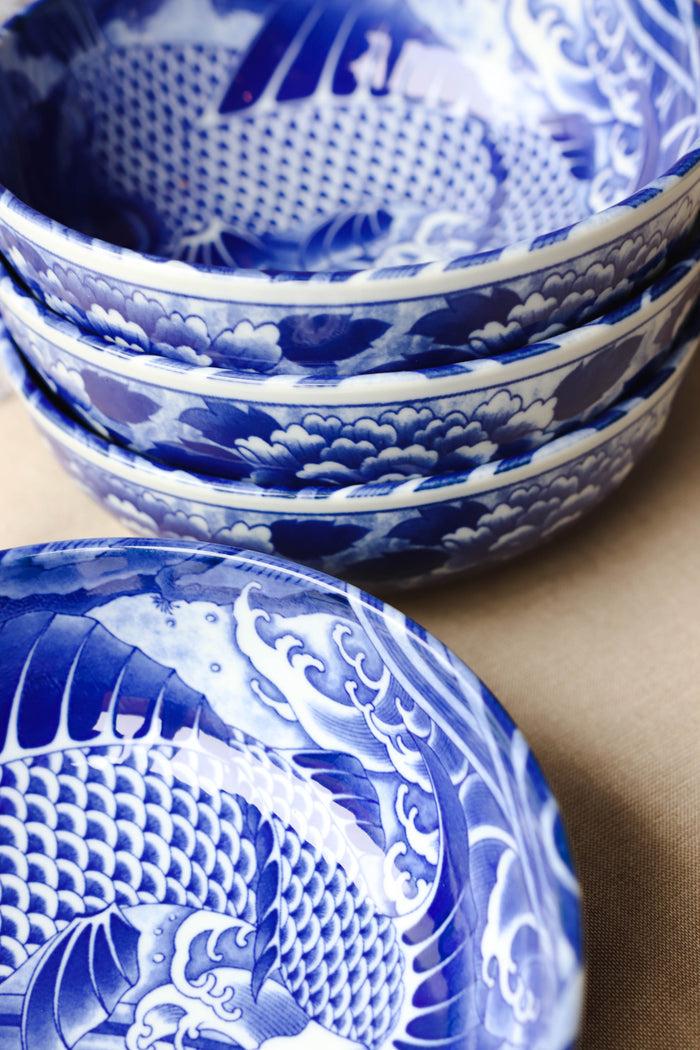Ebros Gift Pack Of 4 Made In Japan Feng Shui Koi Fish Blue Large 42oz Serving Soup Bowls