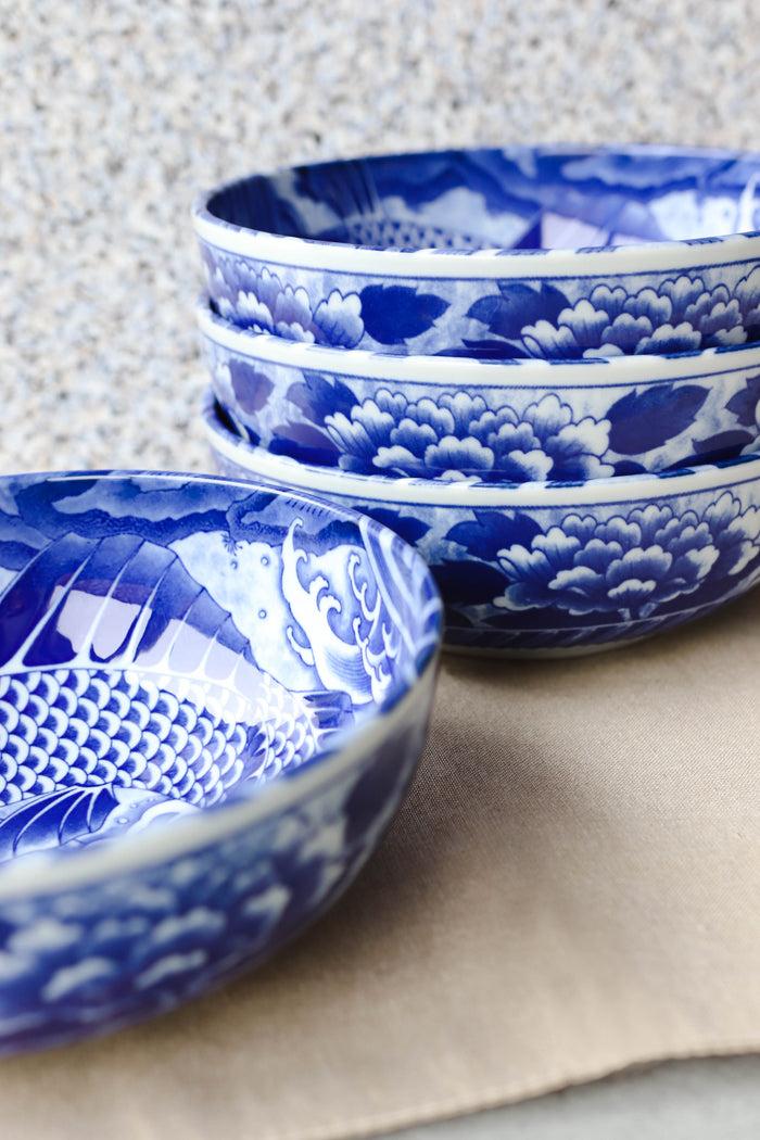 Ebros Gift Pack Of 4 Made In Japan Feng Shui Koi Fish Blue Large 42oz Serving Soup Bowls