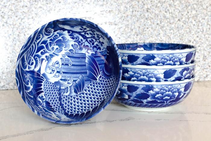 ebros gift Pack Of 4 Made In Japan Feng Shui Koi Fish Blue Large 42oz Serving Soup Bowls