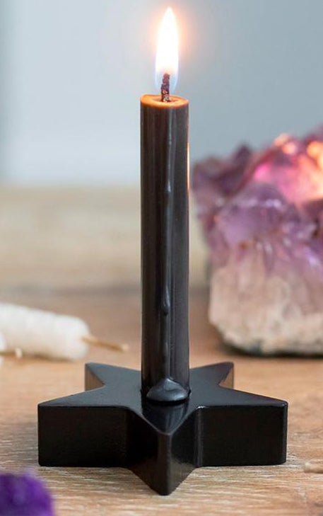 ebros gift Pack Of 4 Occult Wicca Black Pentagram Star Small Candle Stick Holder Sculpture