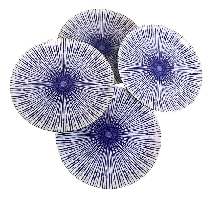 Ebros Gift Pack Of 4 White And Blue Geometric Focus Porcelain Round Dinner Entree Plates