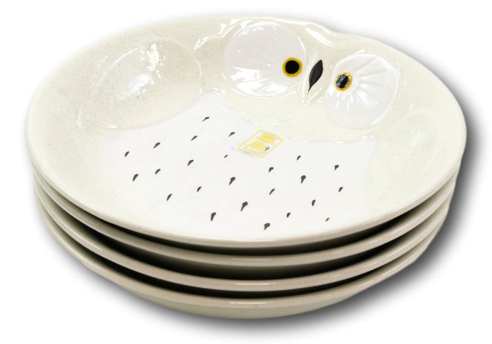 ebros gift Pack Of 4 White Whimsical Owl Ceramic Salad Entree Deep Plates Or Shallow Bowls