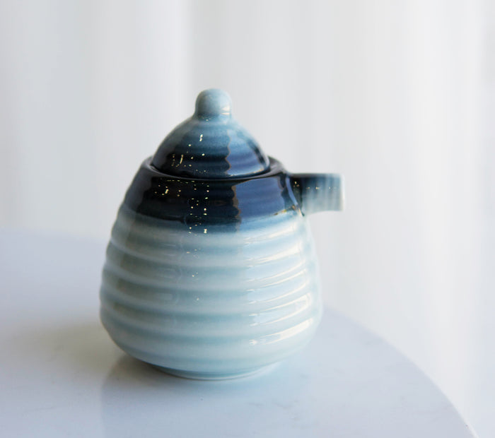 Ebros Gift Pack Of 4 Zen Blue Ceramic Soy Ponzu Sauce Or Oil Dispensers Holder With Lid