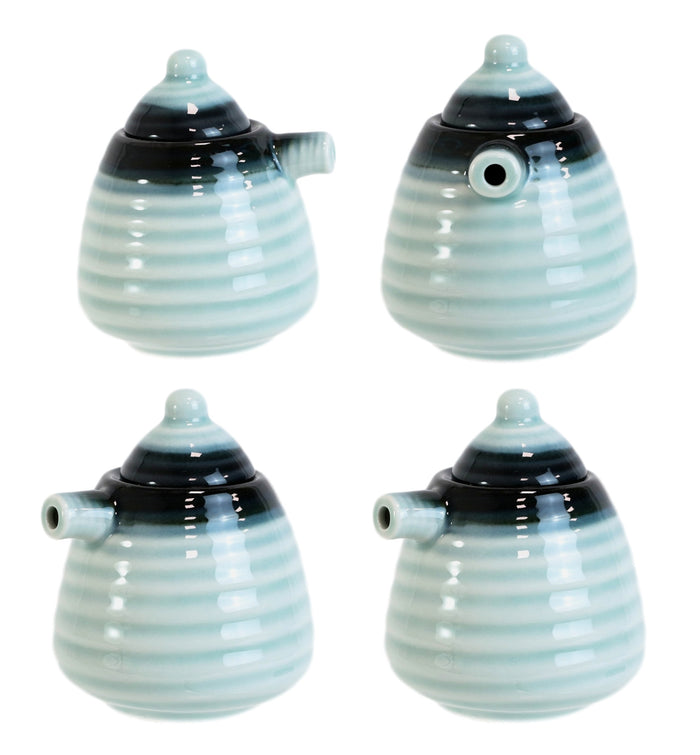 ebros gift Pack Of 4 Zen Blue Ceramic Soy Ponzu Sauce Or Oil Dispensers Holder With Lid