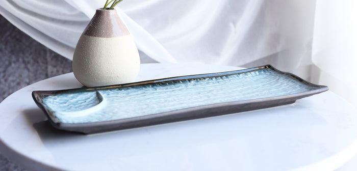 ebros gift Pack Of 5 Ceramic Zen Blue Dinner Sushi Entree Platter Plate W/ Sauce Partition