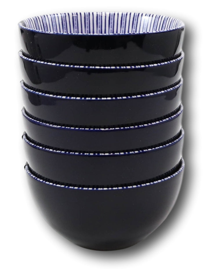 Ebros Gift Pack Of 6 Artistic Blue Geometric Stripes Rice Soup Salad Ceramic Bowls 14oz
