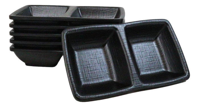 ebros gift Pack Of 6 Black Silk Melamine 2 Partition Condiment Sauce Dipping Bowl or Dishes